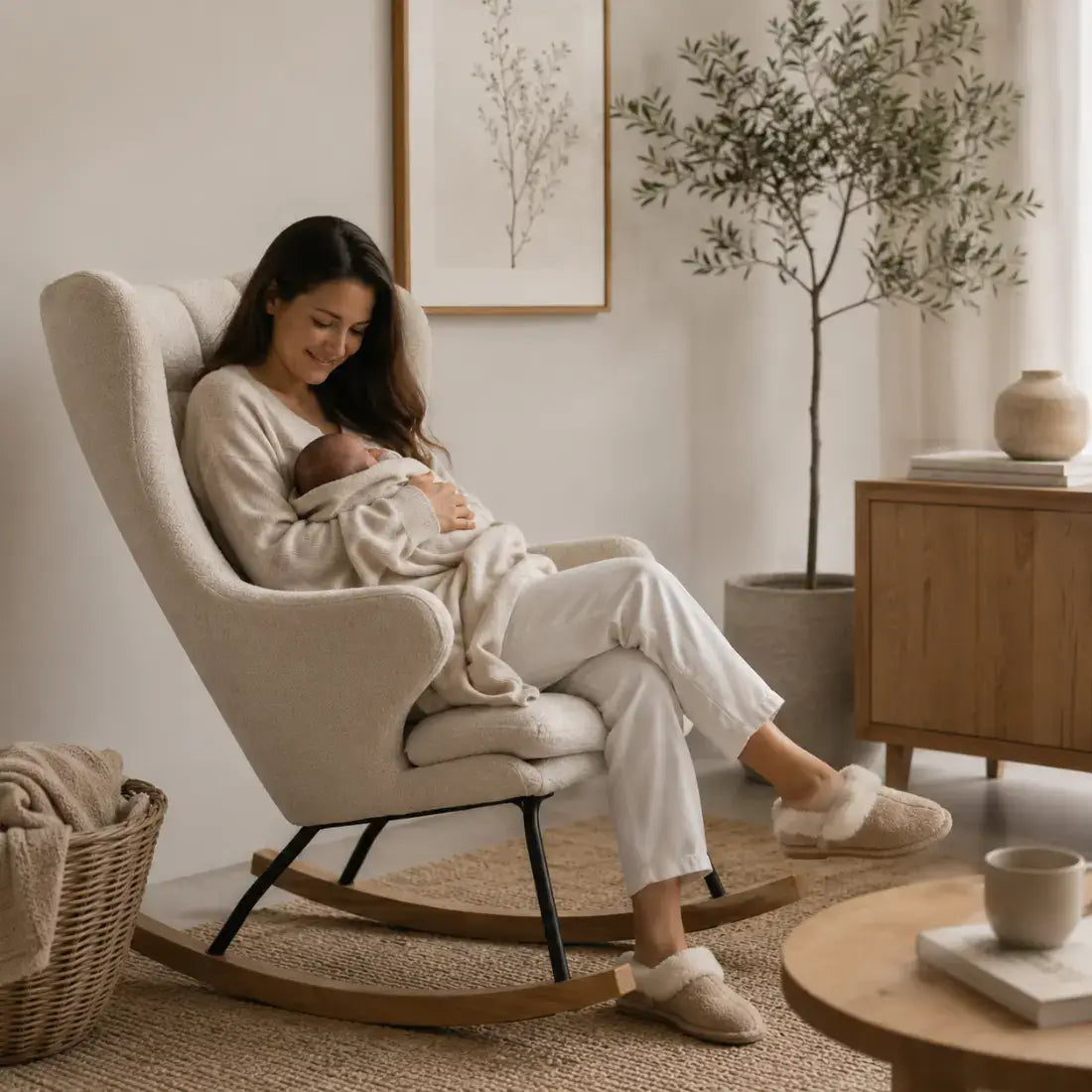 A woman in a cozy cream lounge set sits in a tall upholstered rocking chair, holding a baby wrapped in a blanket. The room has a warm neutral aesthetic with a wooden side table, potted plant, and soft natural light.