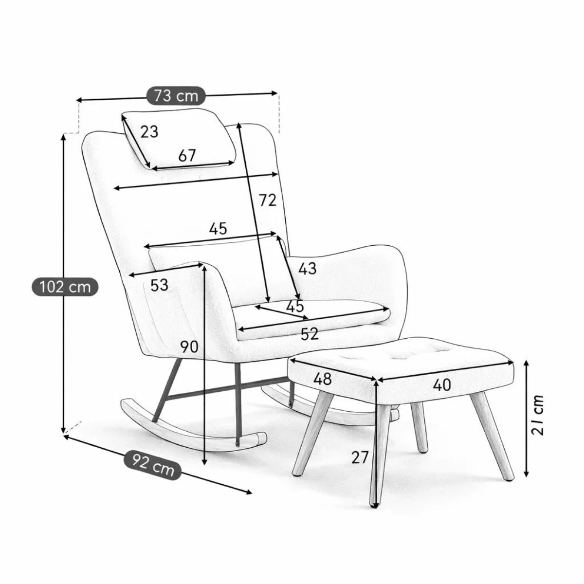 Black and white line drawing of a rocking chair with an ottoman, showing multiple measurement labels and dimensions in centimeters.